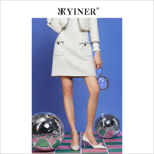 YINER音儿女装春季高腰显瘦a子裙小香风羊毛半身裙