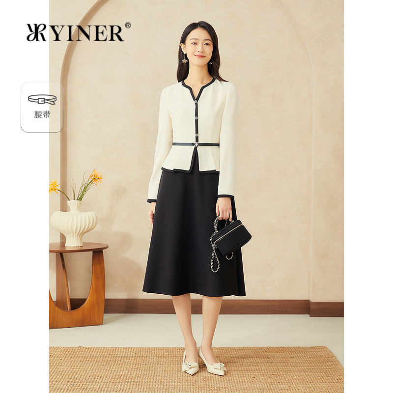 YINER音儿专选2025春新款法式小香风撞色假两件收腰醋酸连衣裙