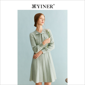 YINER音儿专选冬季法式蝴蝶结绵羊毛收腰针织连衣裙