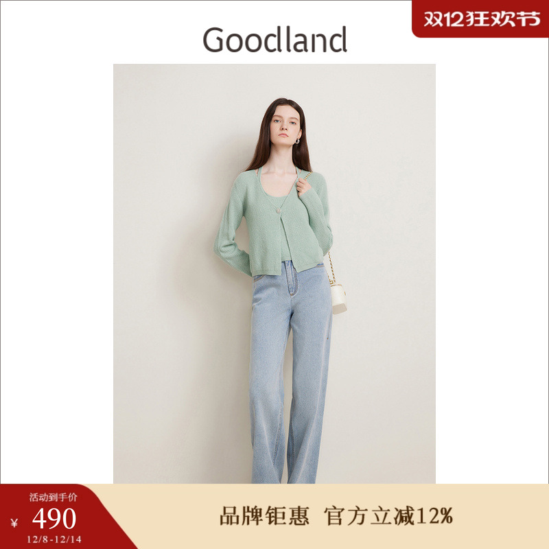 Goodland美地女装春季法式优雅亮丝羊毛混纺假两件针织衫
