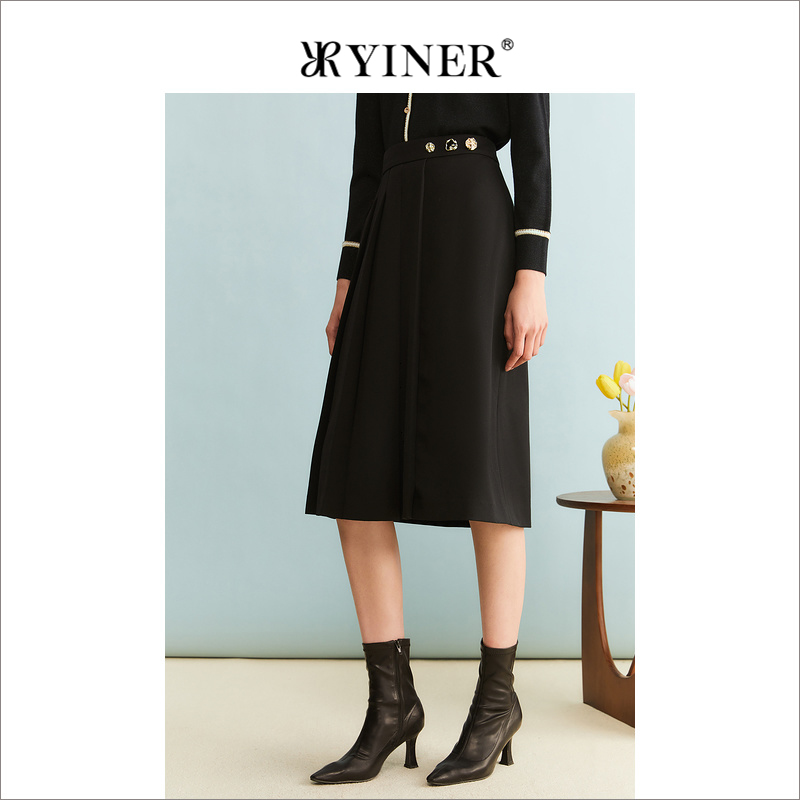 YINER音儿专选女装冬季简约压褶钉珠过膝小黑半身裙