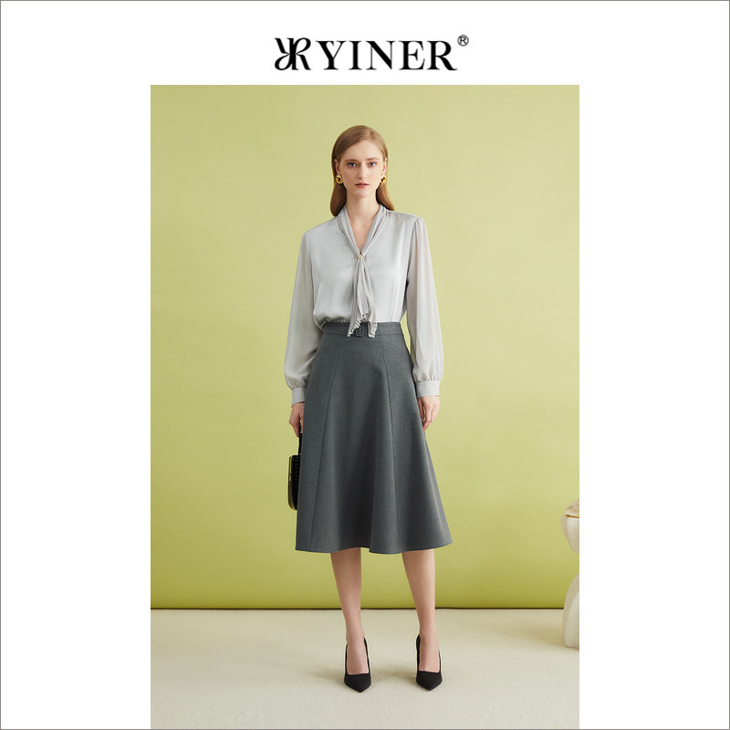 YINER音儿专选女装春季雪纺压褶飘带上衣百搭法式优雅衬衫