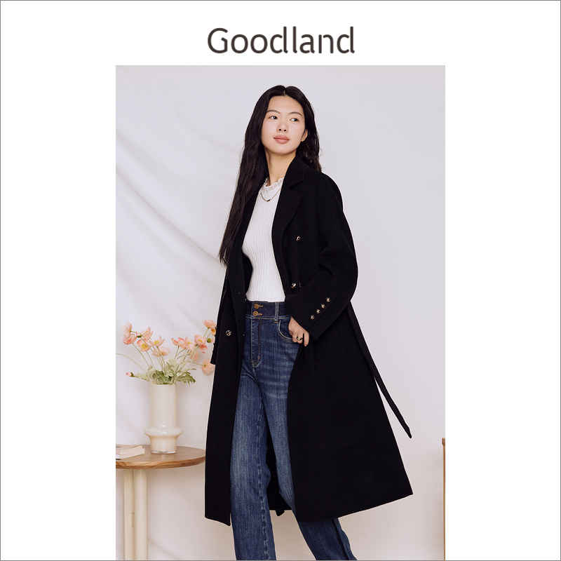 【100绵羊毛】Goodland美地女装冬季翻领外套双面呢大衣