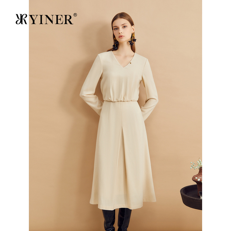 【木兰花系列】YINER音儿女装冬季时尚美丽诺羊毛小V领碎褶连衣裙