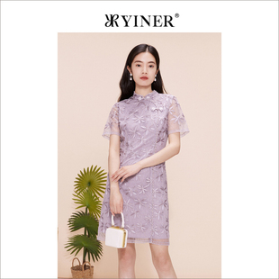 【新中式】YINER音儿专选女装夏季国风网纱旗袍提花连衣裙