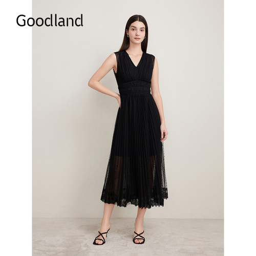 Goodland美地夏季波点花边蕾丝收腰小A摆连衣裙