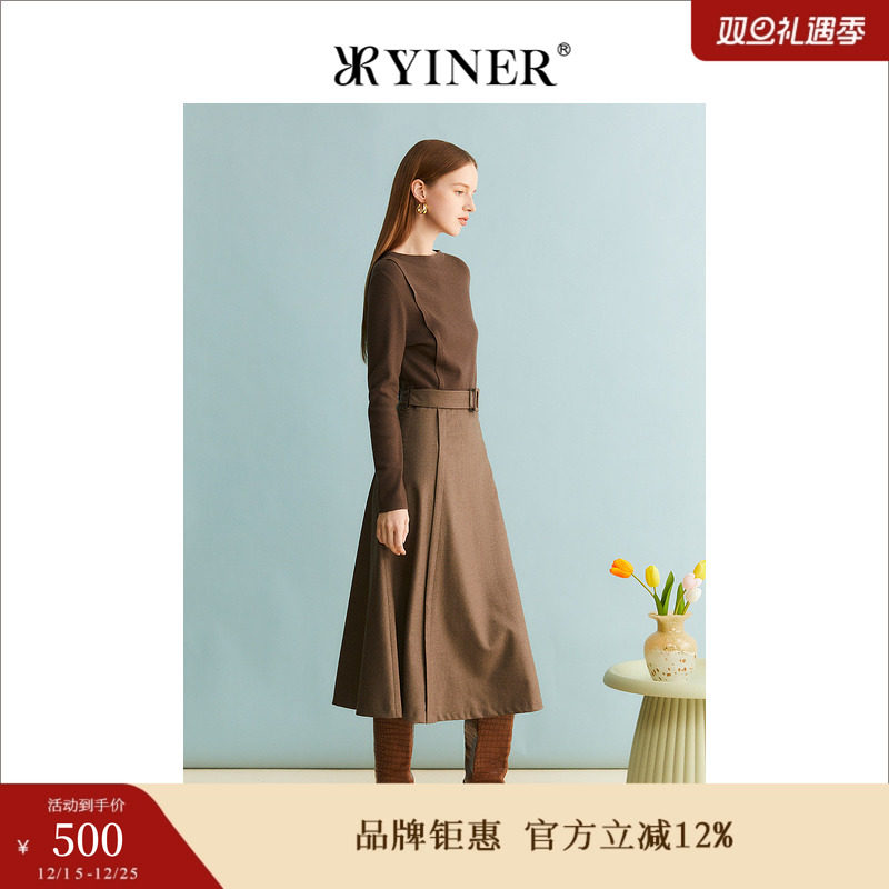YINER音儿女装冬季时尚绵羊毛拼接针织收腰A字连衣裙