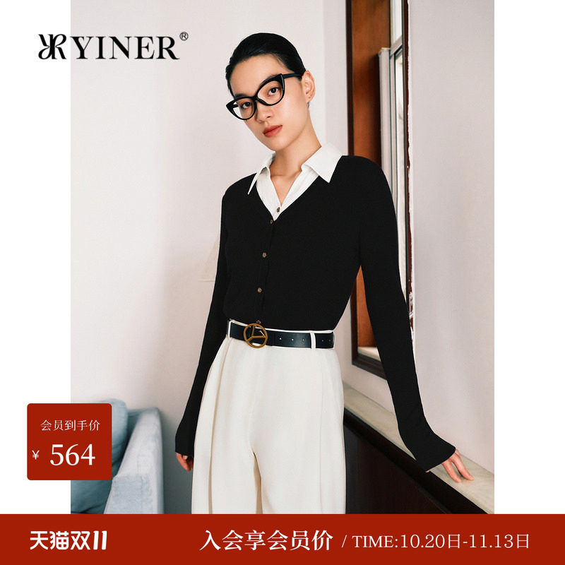 【100美丽诺羊毛】YINER音儿秋季法式撞色假两件针织衫上衣女