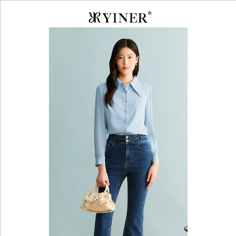 YINER音儿专选女装秋季皱褶袖拼接尖领衬衫职场通勤风上衣