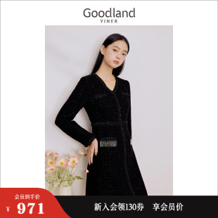 Goodland美地女装 V领含羊毛流苏连衣裙 2023冬季 名媛小香风