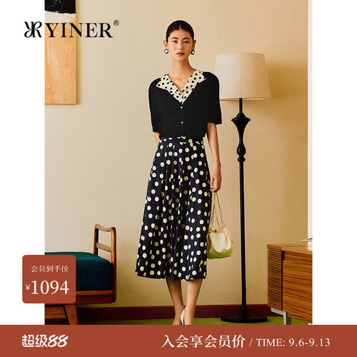 YINER音儿女装夏季时尚复古波点弹力桑蚕丝高腰A字半身裙