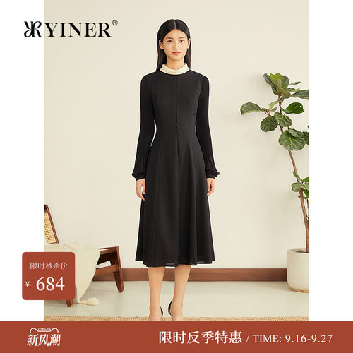 【反季特惠】YINER音儿冬季法式小香风亮丝肌理撞色礼帽连衣裙女