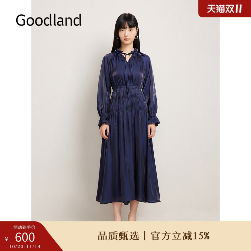 Goodland美地秋季优雅木耳花边拼接V领高腰连衣裙
