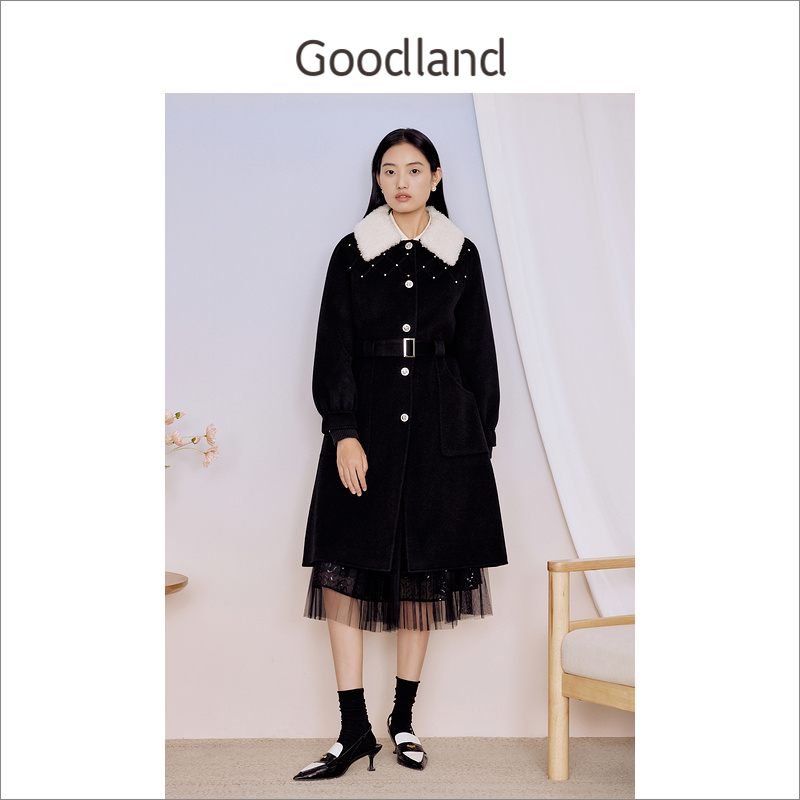 【100绵羊毛】Goodland美地女装冬季毛呢大衣毛绒翻领钉钻外套