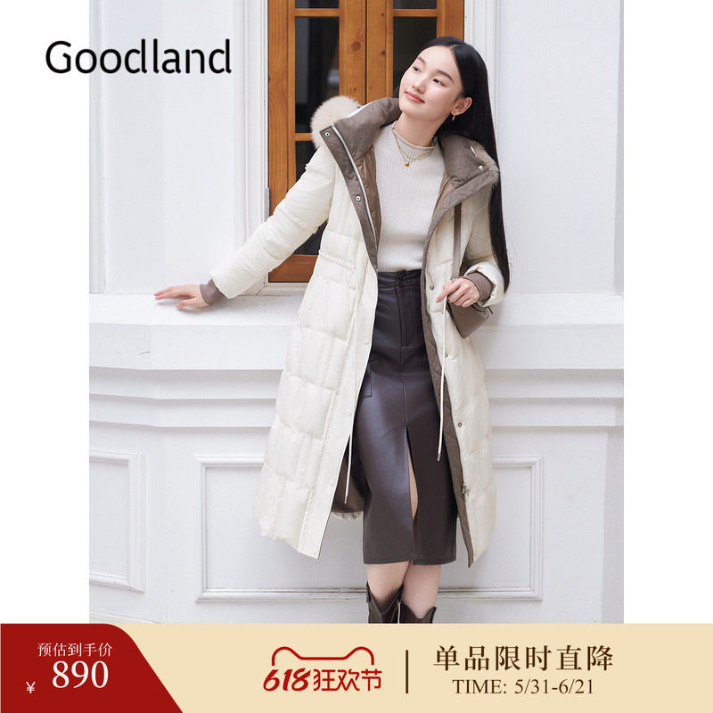 Goodland美地女装冬季时尚狐狸毛领中长款高克重白鸭绒羽绒服