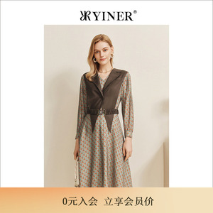 YINER音儿女装春季假两件格子v领法式长袖格子连衣裙