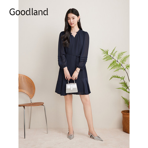 Goodland美地秋季法式星光提花花苞袖修身A字连衣裙长袖