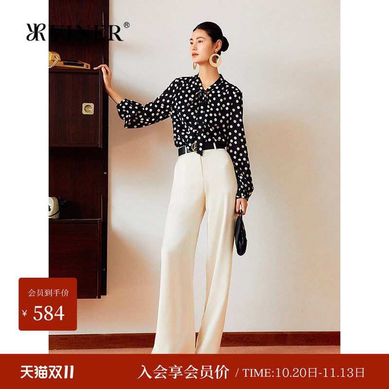 YINER音儿法式复古波点衬衫女长袖飘带桑蚕丝上衣高级感真丝衬衫