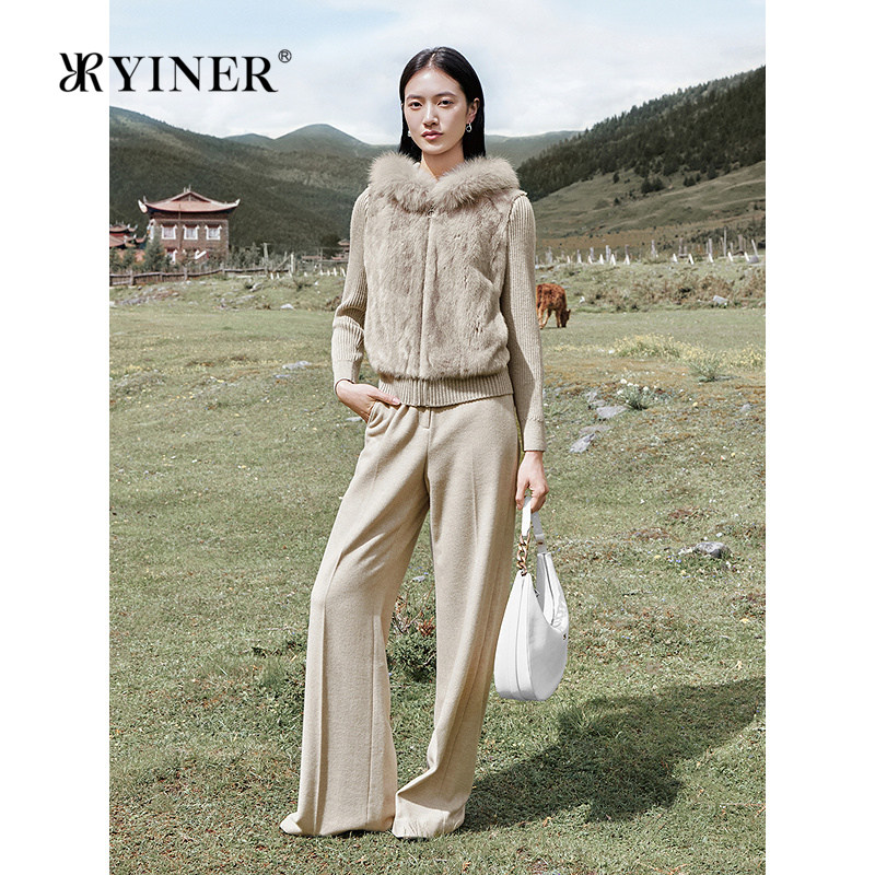 YINER音儿冬季新款水貂拼接羊毛混纺针织狐狸毛领皮草外套