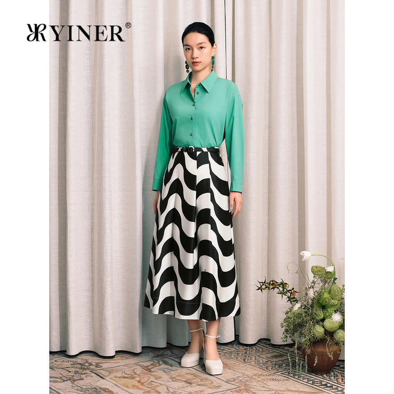 YINER音儿秋季四面带弹法式薄荷曼波衬衫微落肩翻领上衣