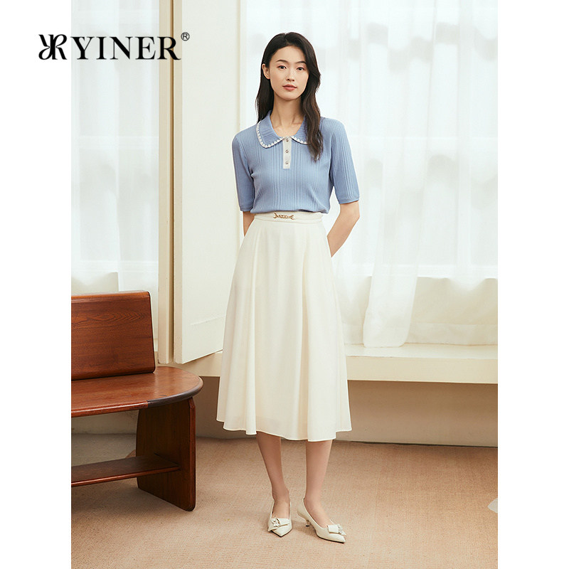 【周末花园】YINER音儿专选夏季新款伯爵冰麻撞色翻领针织衫										