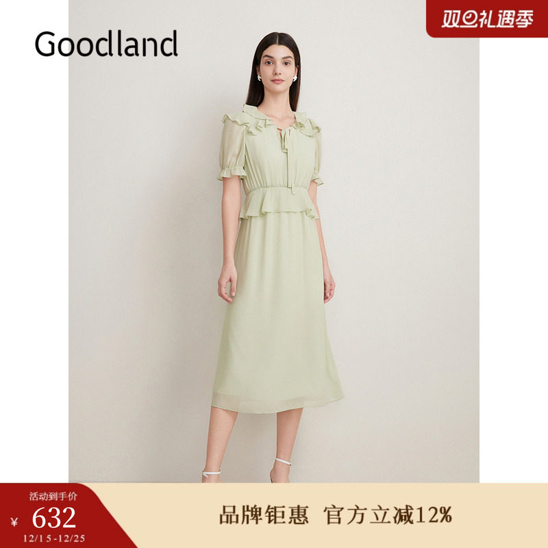 Goodland美地夏季法式荷叶边仙女收腰连衣裙
