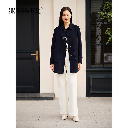 YINER音儿专选春季新款通勤暗扣美丽诺纯羊毛双面呢大衣外套