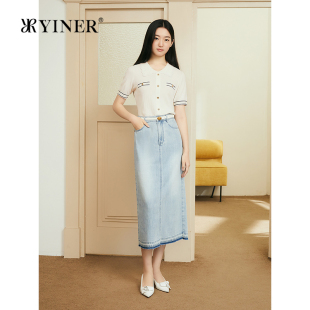 毛针织衫 YINER音儿专选2025夏季 波嬉风花边翻领假开衫 法式 新款