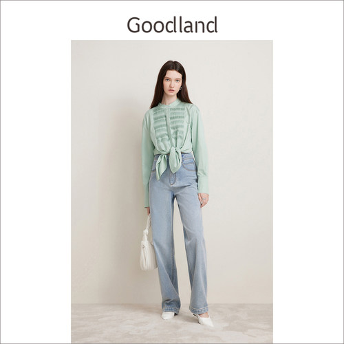 Goodland美地春季法式优雅风琴褶圆领纯棉衬衫设计感上衣长袖