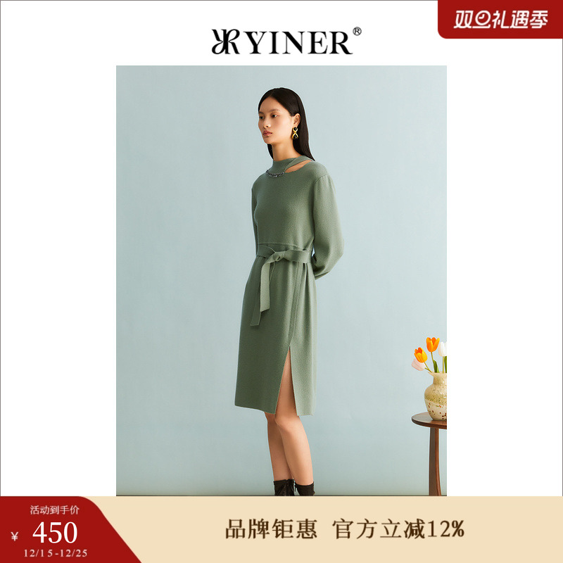 YINER音儿女装冬季钉珠领纯绵羊毛法式系带针织连衣裙