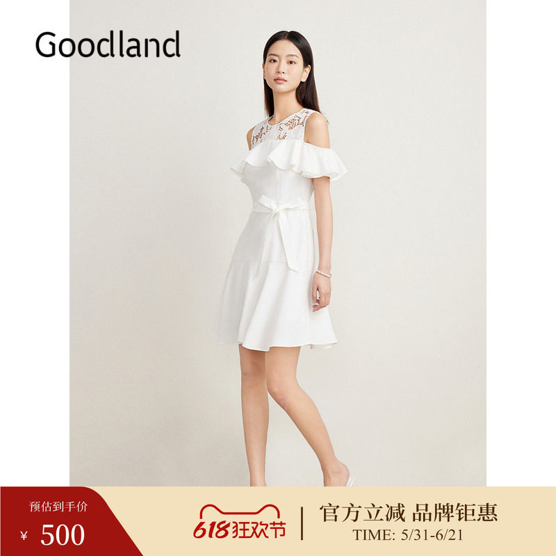Goodland美地夏季镂空刺绣露肩荷叶花边仙女连衣裙