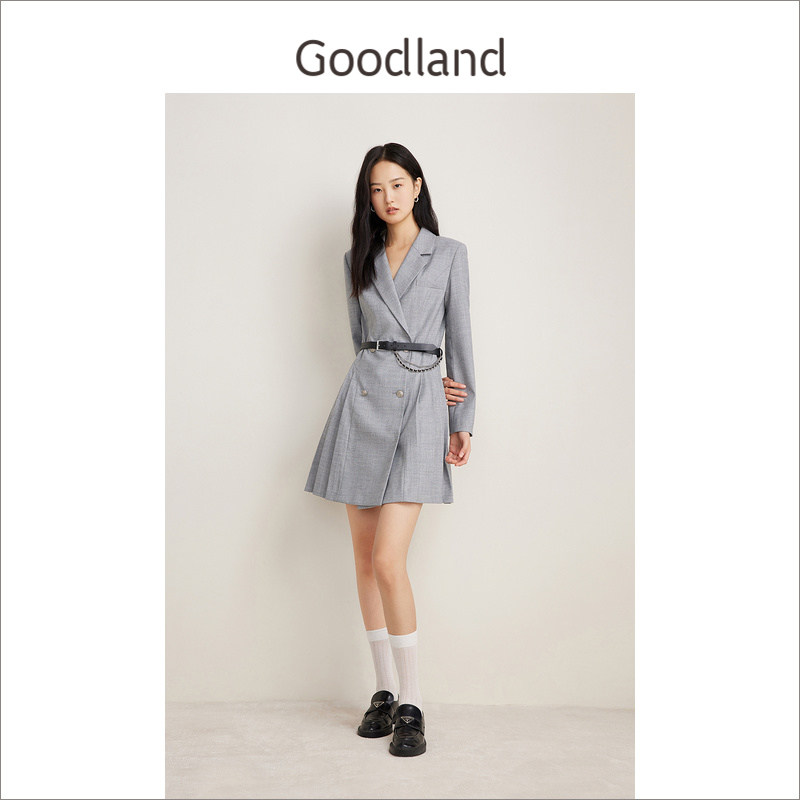 Goodland美地春季法式优雅西装领羊毛百褶A字连衣裙