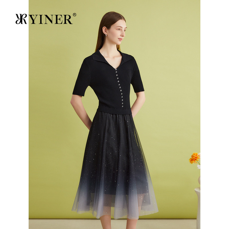YINER音儿专选夏季法式细闪星空网纱小翻领针织连衣裙