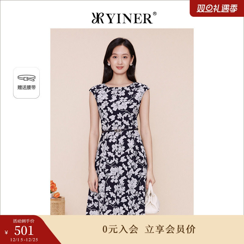 YINER音儿专选女装春季法式优雅印花设计感碎花无袖连衣裙