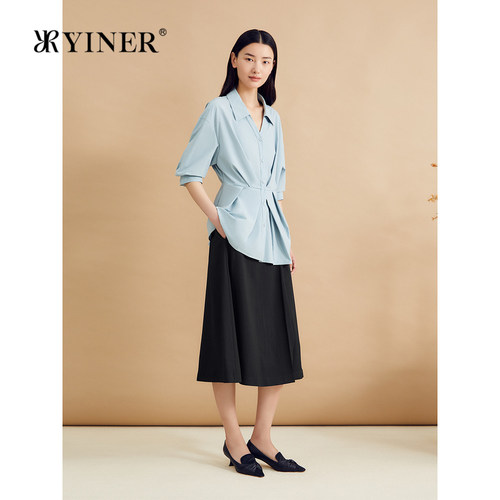 YINER音儿女装春季时尚法式不对称倒褶收腰海鸥领衬衫上衣