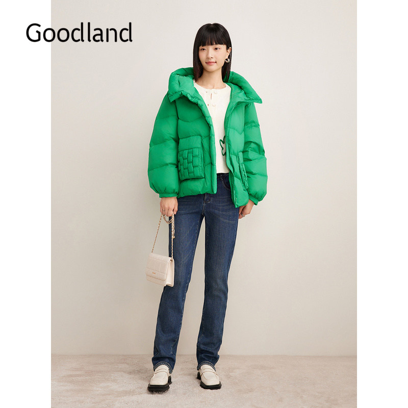 Goodland美地女装冬季时尚BV绿色短款蓬松感白鸭绒羽绒服