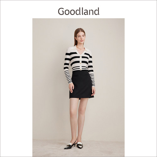 Goodland美地春季法式优雅Bridget Riley条纹假两件连衣裙