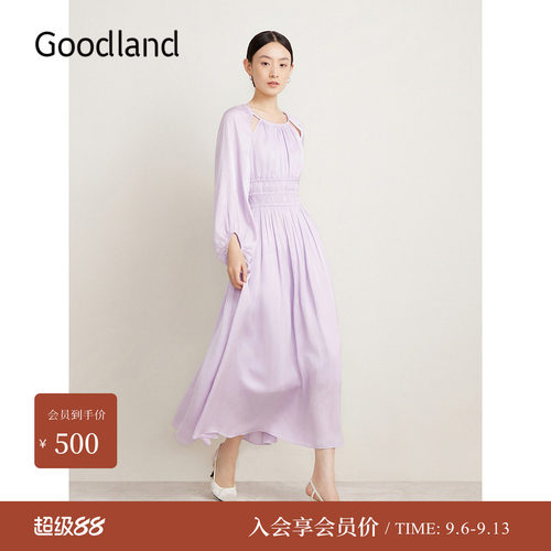 Goodland美地女装春季法式优雅海岛丝仙女裙褶裥连衣裙长袖