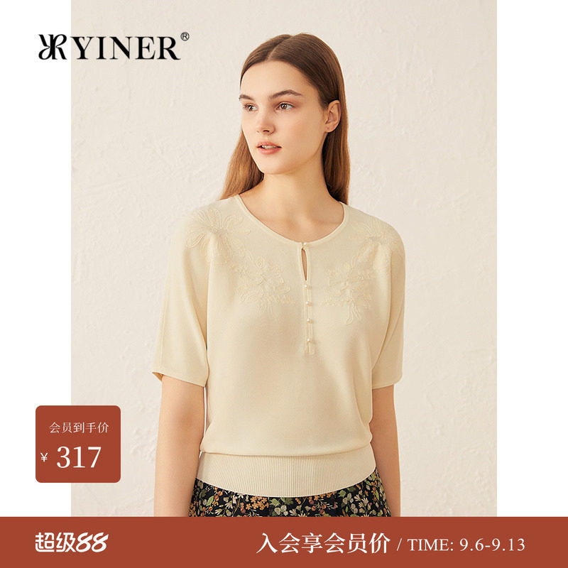 YINER音儿专选夏季新款法式海棠花刺绣毛针织衫蝙蝠袖轻上衣图片
