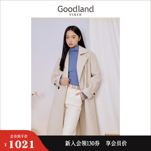 翻领毛呢大衣外套 绵羊毛中长款 2023冬季 Goodland美地女装