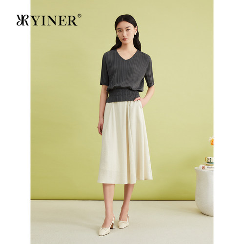 YINER音儿专选夏季法式V领竖条纹收腰针织衫松弛感上衣