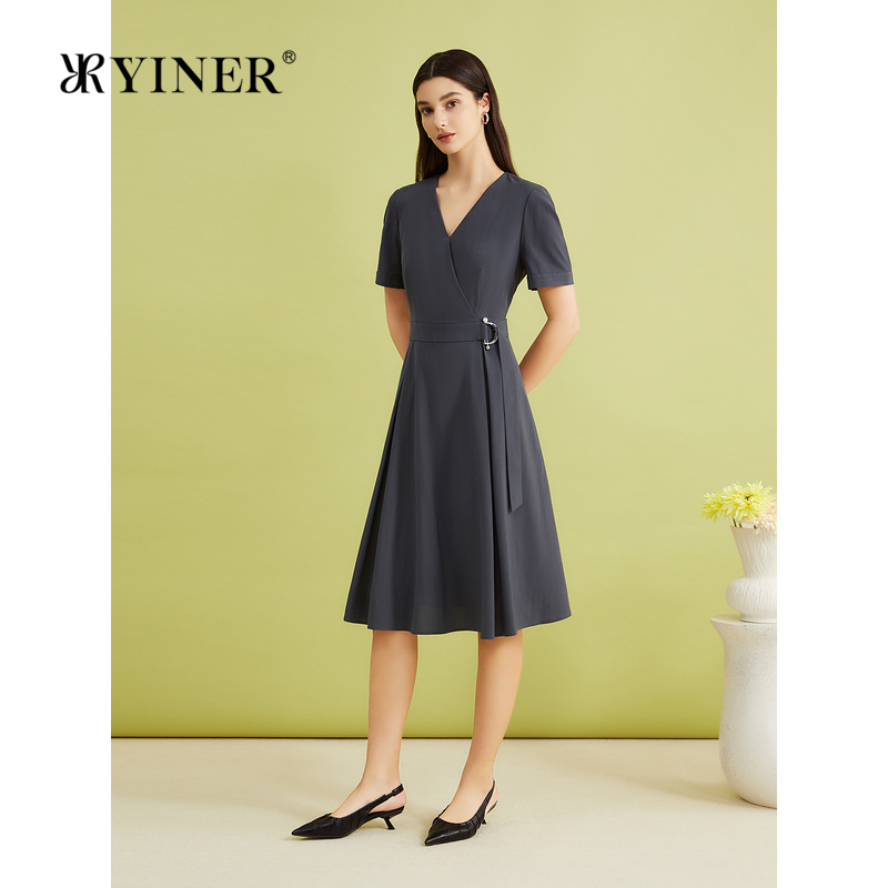 YINER音儿专选女装夏季法式优雅时尚V领系带收腰连衣裙