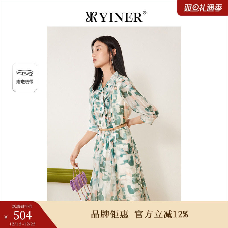 YINER音儿专选女装夏季时尚蝴蝶结飘带雪纺七分袖碎花连衣裙