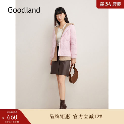 Goodland美地冬季假两件连帽厚实保暖减龄羽绒服