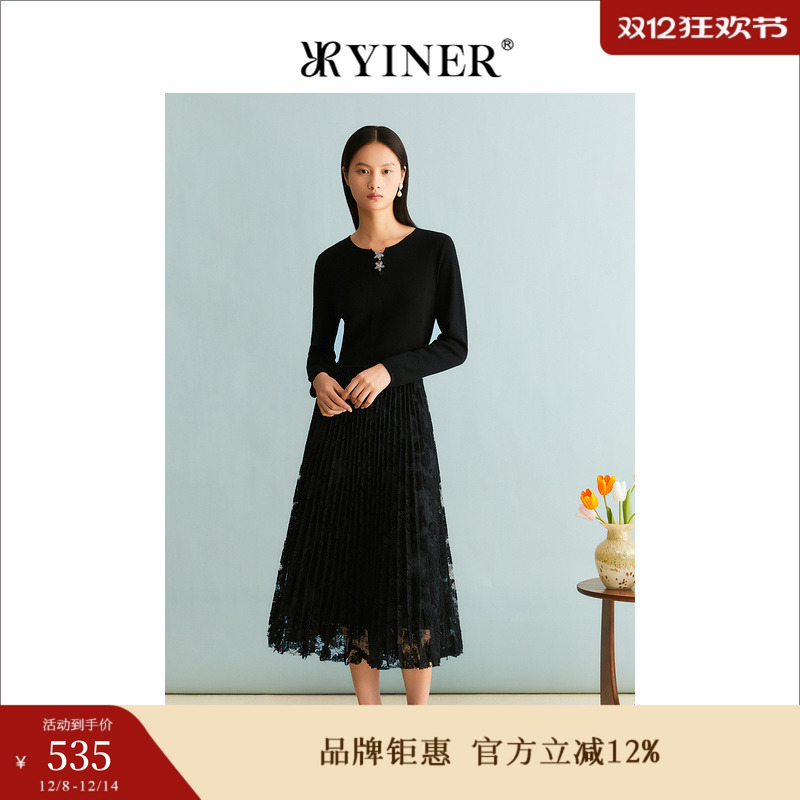 YINER音儿女装冬季含绵羊毛拼接镂空压褶针织连衣裙