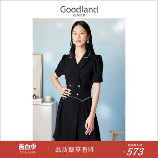 百搭通勤收褶收腰钉珠连衣裙 Goodland美地女装 2023夏季