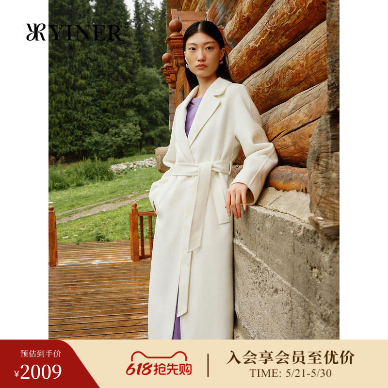 【绵羊毛+山羊绒】YINER音儿女装冬季时尚双面毛呢大衣白色外套