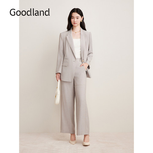 Goodland美地春季卡其色阔腿长裤职场通勤休闲裤