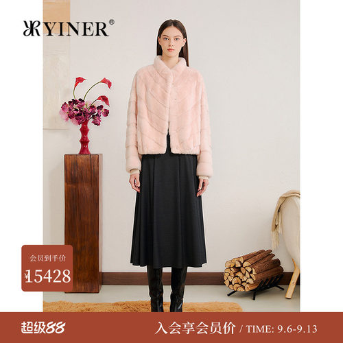 YINER音儿专选2025冬季新款短款斜排工艺小立领母貂水貂皮草外套