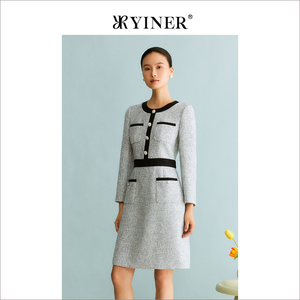 YINER音儿专选女装冬季收腰显瘦撞色圆领灰色连衣裙